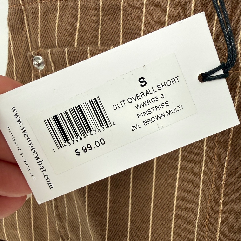 WEWOREWHAT SLIT OVERALL SHORT BROWN PINSTRIPE 100% COTTON SMALL NWT - FLAW - Picture 7 of 12